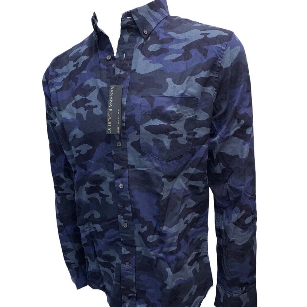 Banana Republic Men Luxe Flannel Shirt Slim Fit Button Down Camo Blue 491095 NWT